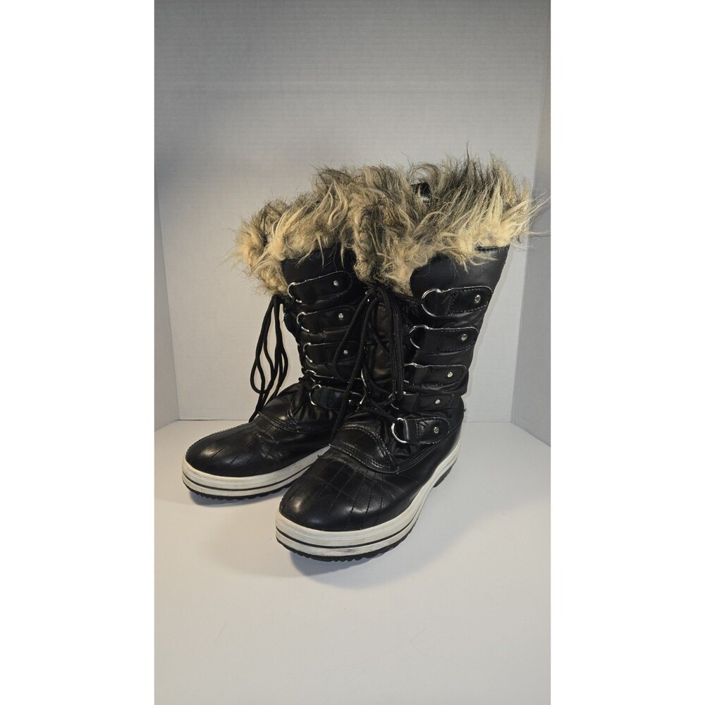Polar Womens Winter Snow Boots Black Mid Calf Lace Up Faux Fur Lined US 8